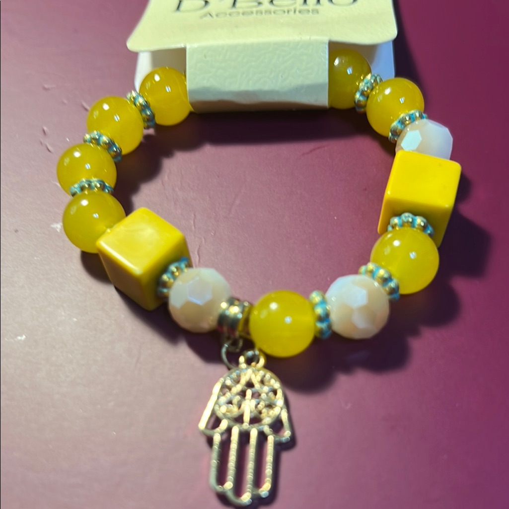 D’bello Accessories Yellow And Gold Beaded Bracelet With Hamsa Hand Charm